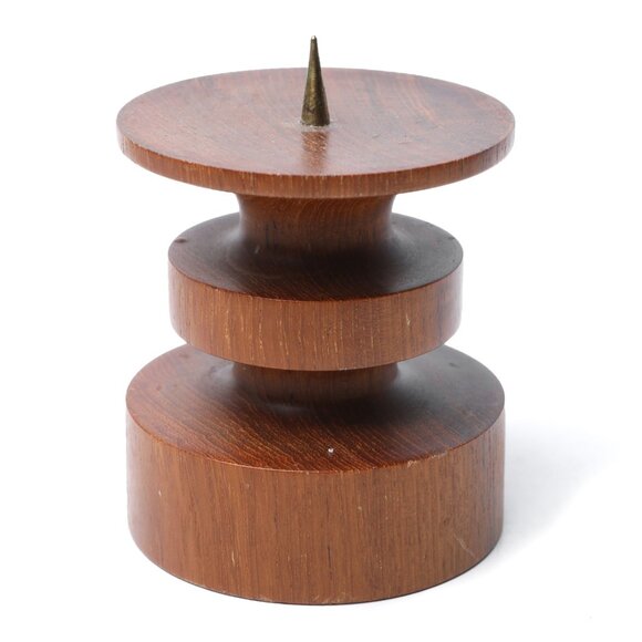Vintage Teak Wood Brass Pillar Candle Stand Brown Mid Century Decor - Picture 1 of 7